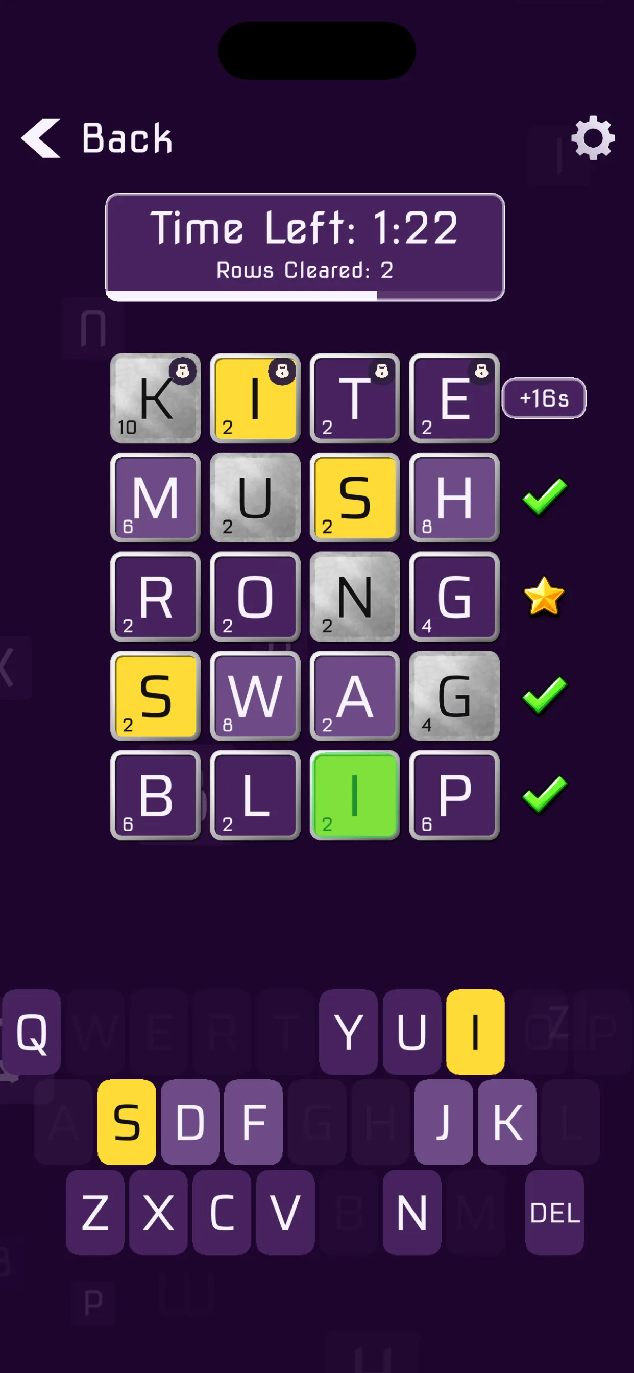 Letterical Endless Mode with a timer and scrolling word grid