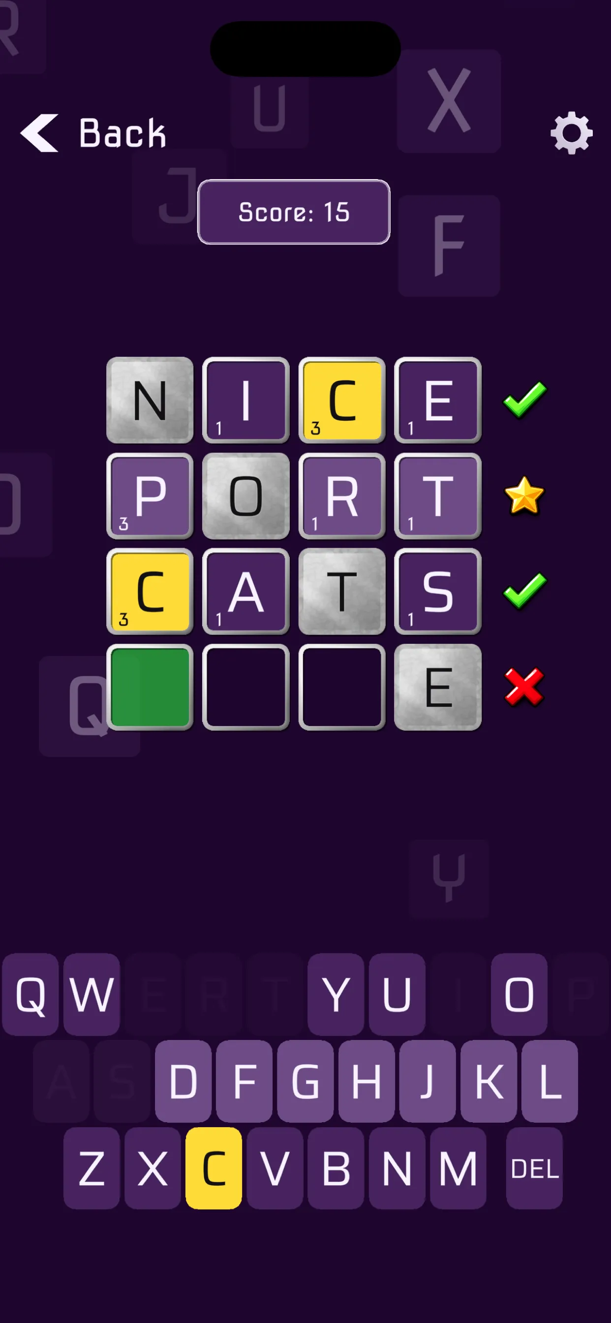 A 4x4 Letterical word puzzle in progress